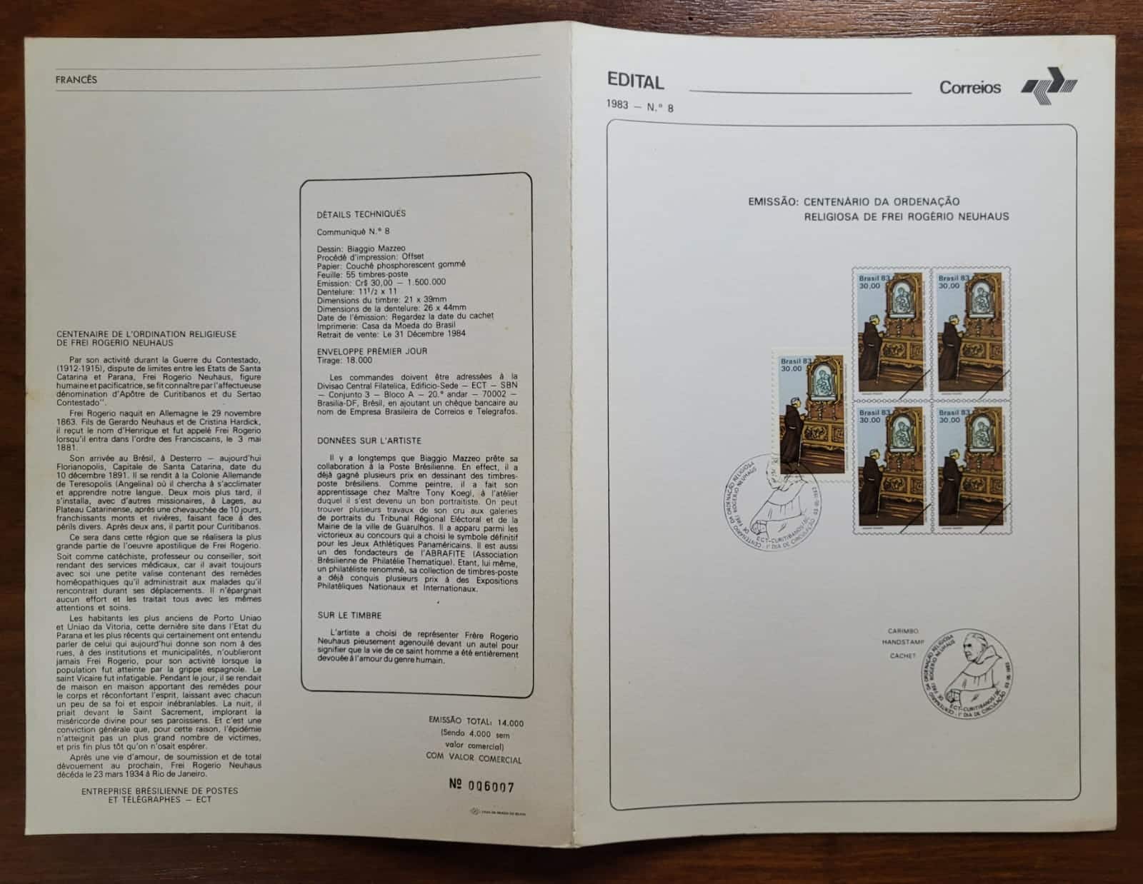 | Casa do Colecionador Edital Correios 1983 - Nº 08 - Selo RHM C1318 - Centenário da Ordenação Religiosa de Frei Rogério Neuhaus - 03/05/1983