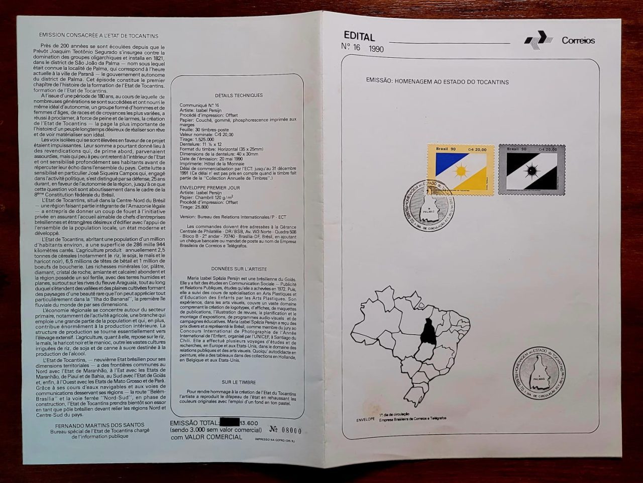 | Casa do Colecionador Edital Correios 1990 - Nº 16 - Selo RHM C1685 - Homenagem ao Estado do Tocantins - 20/05/1990