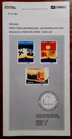 Edital Correios 1992 - Nº 24 - Selos RHM C1820 a C1822 - Literatura Brasileira - Dia do Livro - 29/10/1992