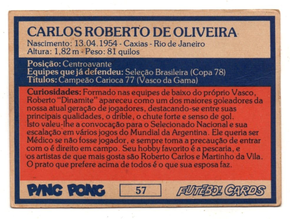 | Casa do Colecionador Ping Pong Futebol Cards Clube de Regatas Vasco da Gama - Nº 57 - Roberto Dinamite