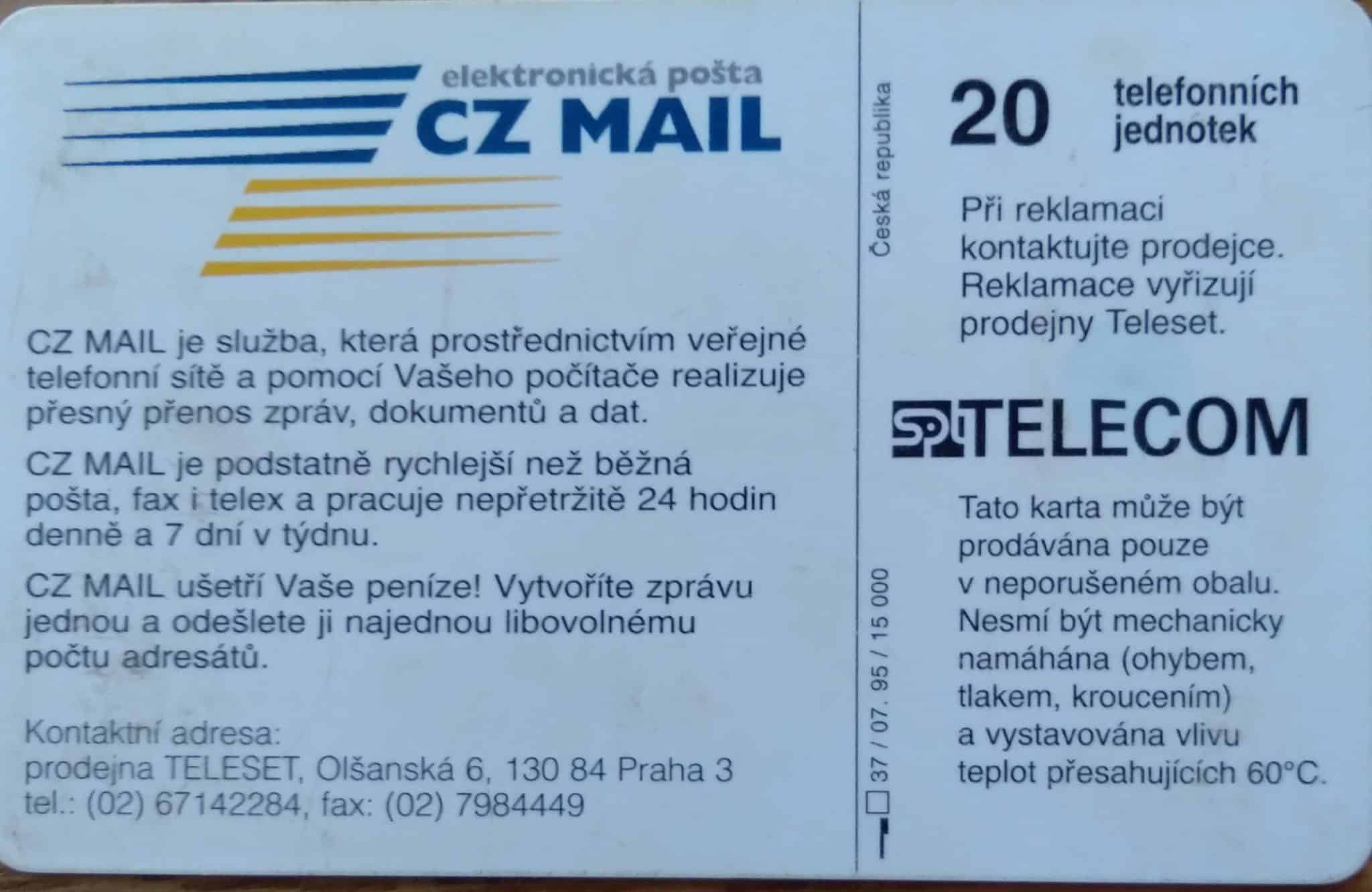 | Casa do Colecionador Cartão República Tcheca SPT Telecom 1995 num 37 / CZ Mail Correio Postal.