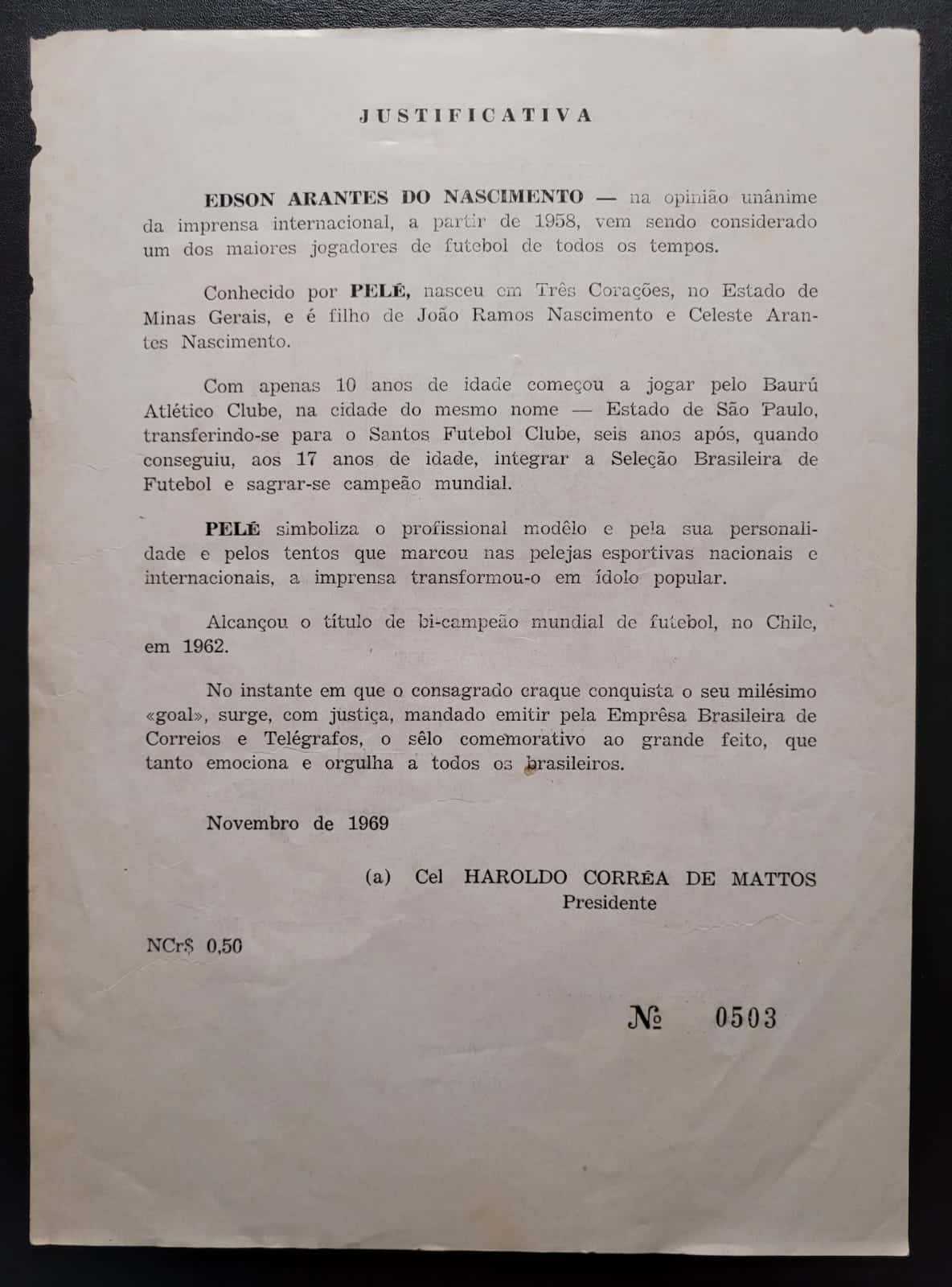 | Casa do Colecionador Edital Correios 1969 - Nº 89 - RHM C658 - Milésimo Gol do Pelé - 28/11/1969