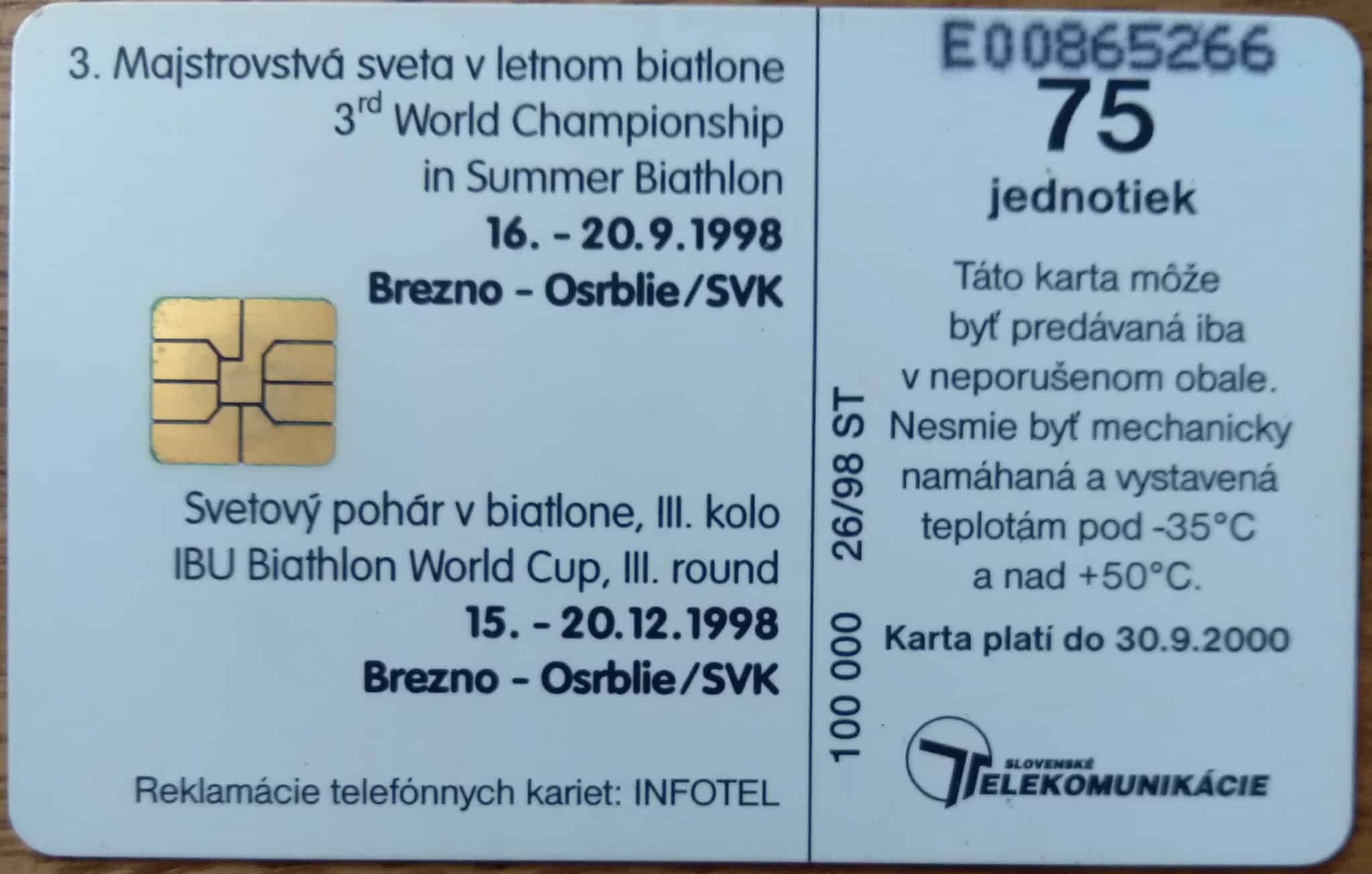 | Casa do Colecionador Eslováquia Telekomunikacie 1998 num 26 / Chip Esporte Tiro ao alvo.