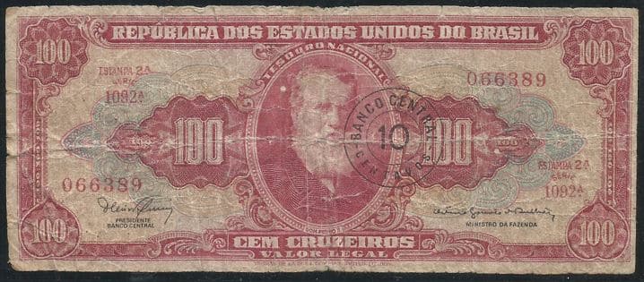 | Casa do Colecionador Cédula Brasil 100 Cruzeiros Overprint 10 Centavos - Bem Circulada
