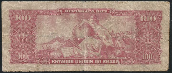 | Casa do Colecionador Cédula Brasil 100 Cruzeiros Overprint 10 Centavos - Bem Circulada