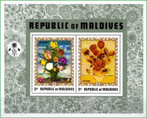 Maldivas - Flores por Bosschaert e Van Gogh - 1973 - Bloco