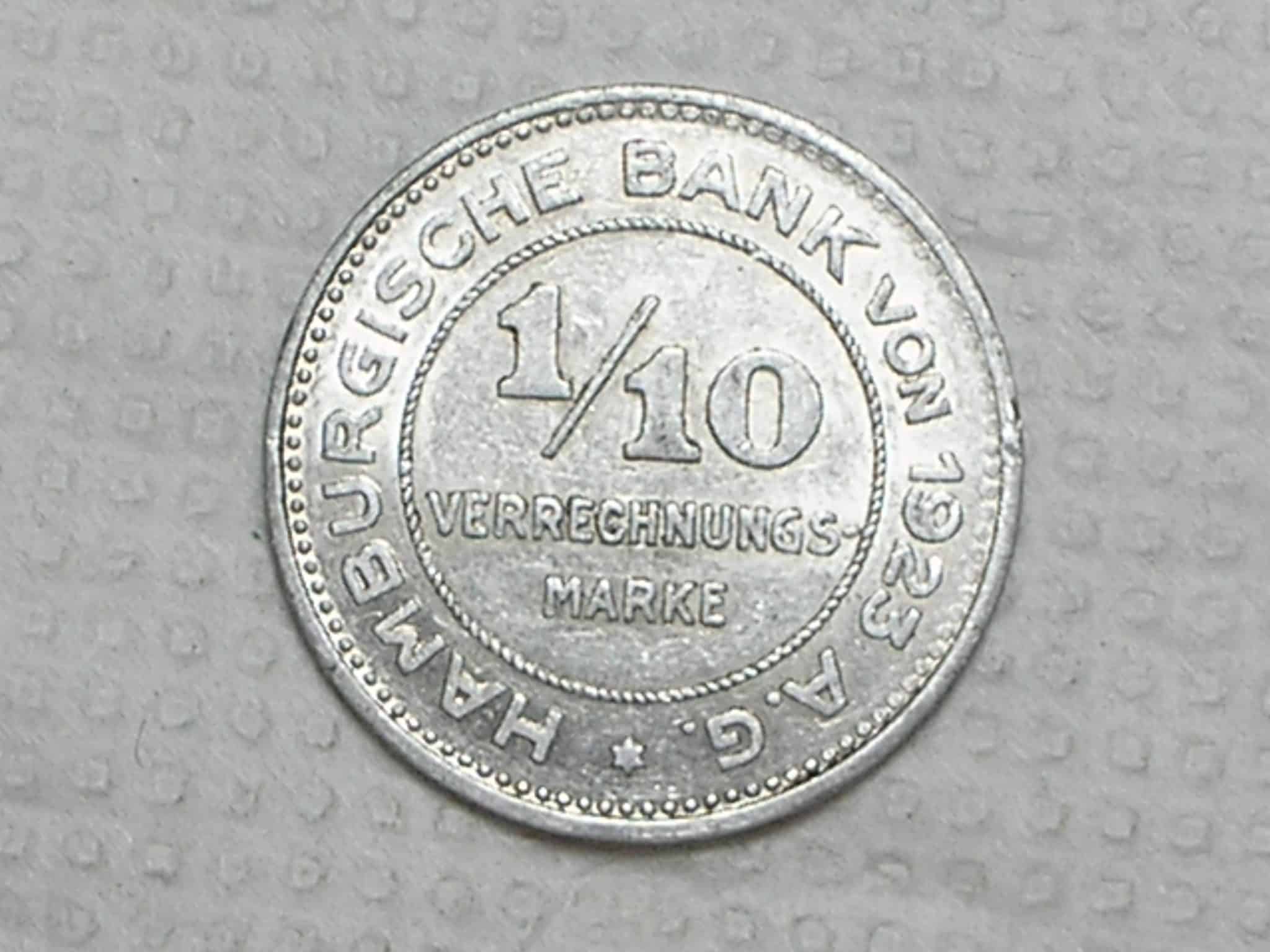 | Casa do Colecionador Alemanha Moeda De Banco Particular 1 10 Verreghnungs Marke 1923 Hamburgische Bank Soberba Box32