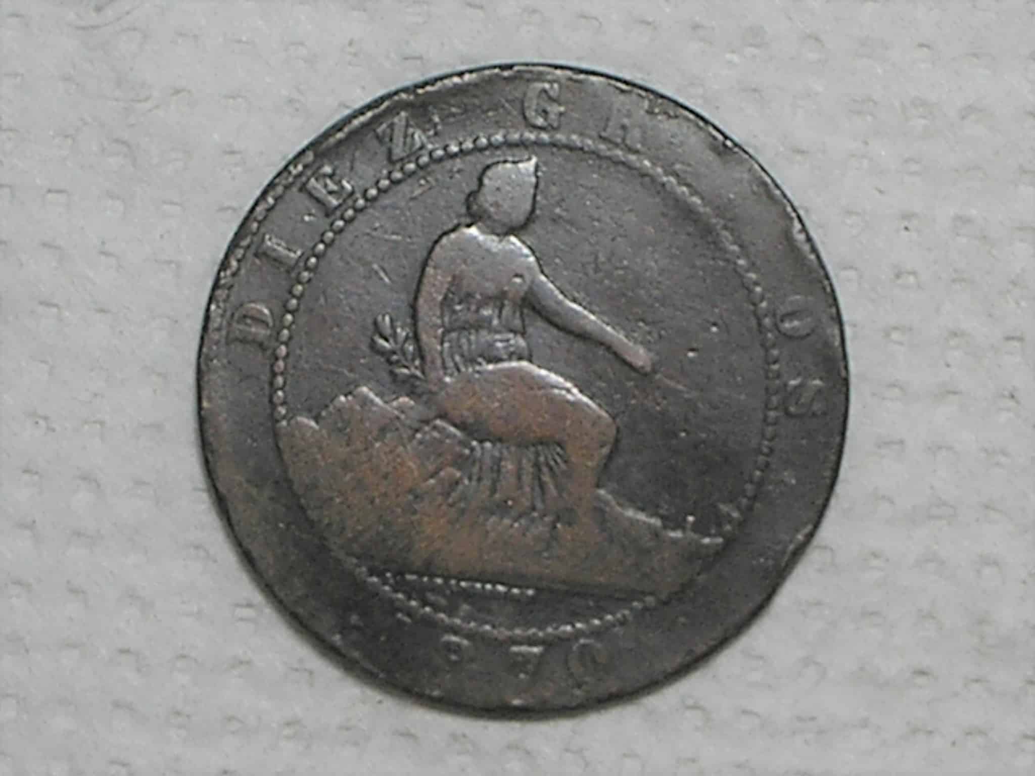 | Casa do Colecionador Espanha) 10 Centimos - 1870-om - Barcelona Mint / Cobre / box40