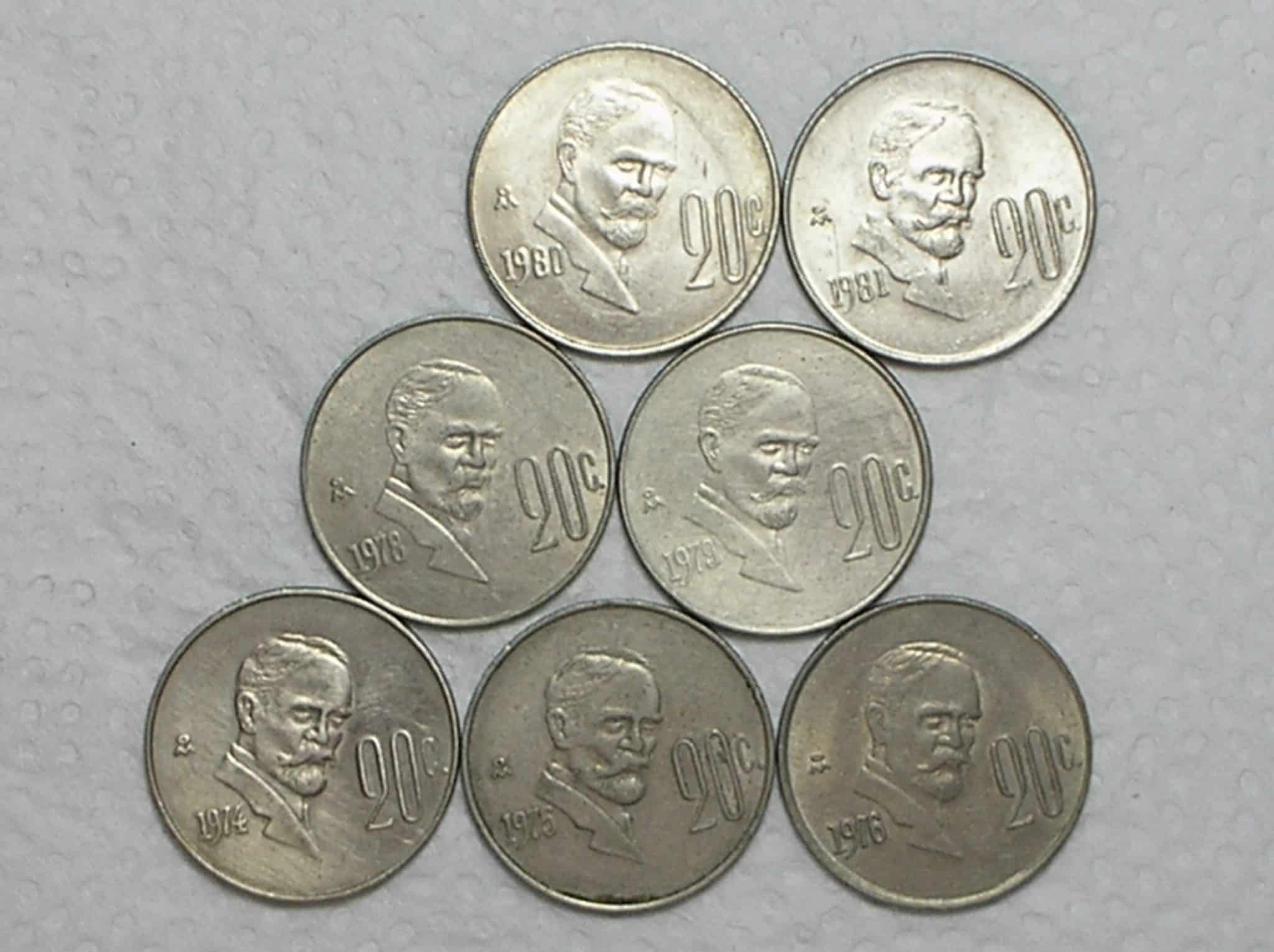 | Casa do Colecionador México) 20 Centavos - 1974/75/76/78/79/80/81 / Co/Ni / box36
