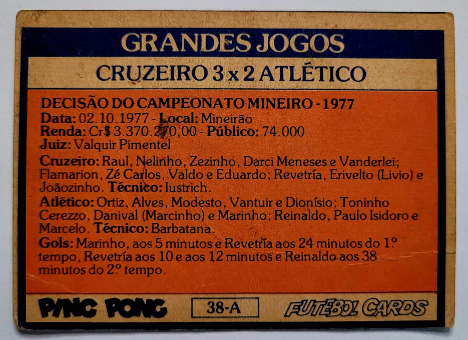 | Casa do Colecionador Ping Pong Futebol Cards - Grandes Jogos Nº 38-A (Cruzeiro 3 X 2 Atlético)