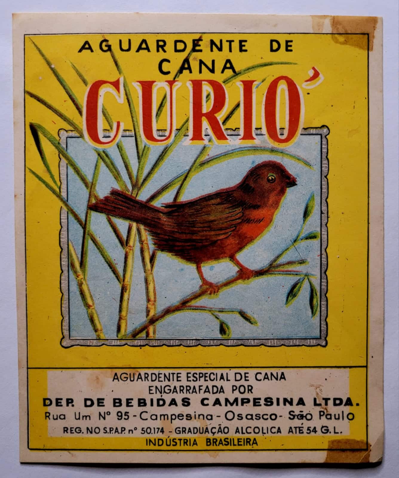 | Casa do Colecionador Antigo Rótulo de Aguardente de Cana - Curió - Osasco/SP