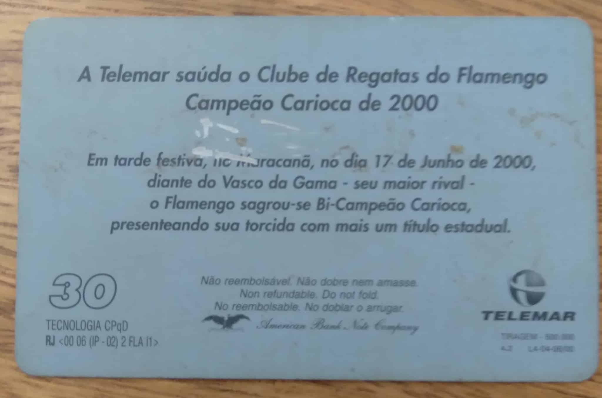 | Casa do Colecionador Cartão Brasil Telemar RJ Indutivo 2000. Flamengo campeão Carioca.