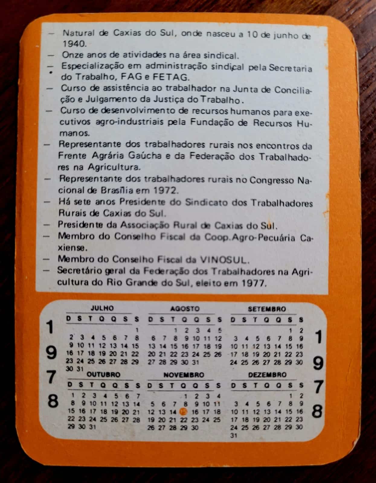 | Casa do Colecionador Calendário de Bolso (Tema Política) Valmir Susin (Arena) Deputado Estadual - Ano 1978