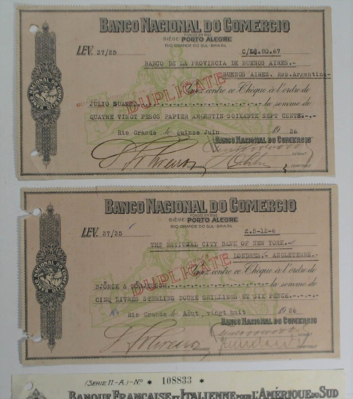 | Casa do Colecionador Coleção de 3 Duplicatas Do Banco Nacional do Comércio 1936 / 1937 - Veja descrição