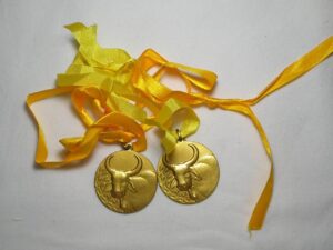 Duas Medalhas Xix Expo Sul Fluminense Agropecuária e Industrial Barra do Piraí - 1966 / 40mm - Com fita - Metal dourado /