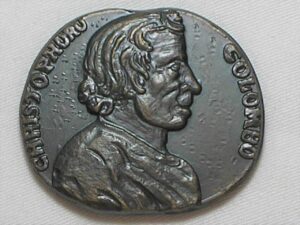 Medalha Comemorativa ao Cinquentenário de Cristovão Colombo 1492/1992 / Disco grosso - 50mm - ovalada e pesada com 62g em bronze / Flor de Cunho