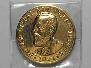 Medalha Importante de Julius Meili - pai da Numismática, do II Encontro Internacional de Numismática no Rio de Janeiro, no Htl Novo Mundo em 1996, 1 Onça Bronze dourado, Flor de cunho / Exemplar raro