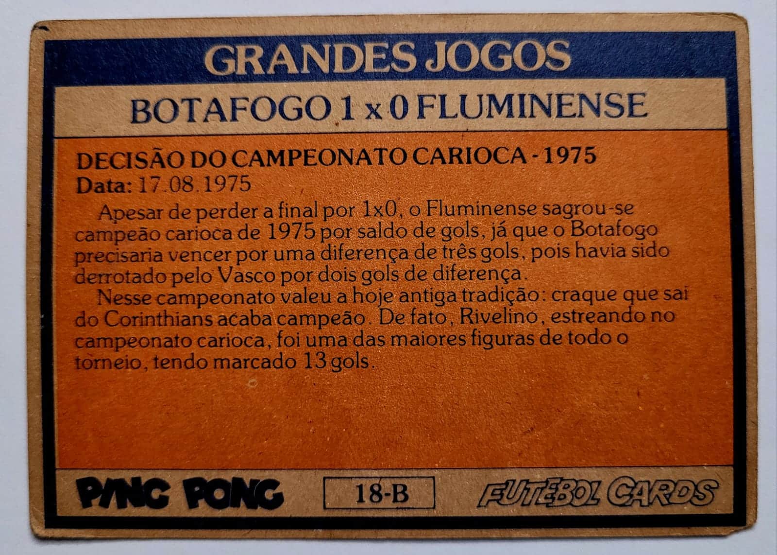 | Casa do Colecionador Ping Pong Futebol Cards - Grandes Jogos Nº 18-B (Botafogo 1 X 0 Fluminense)