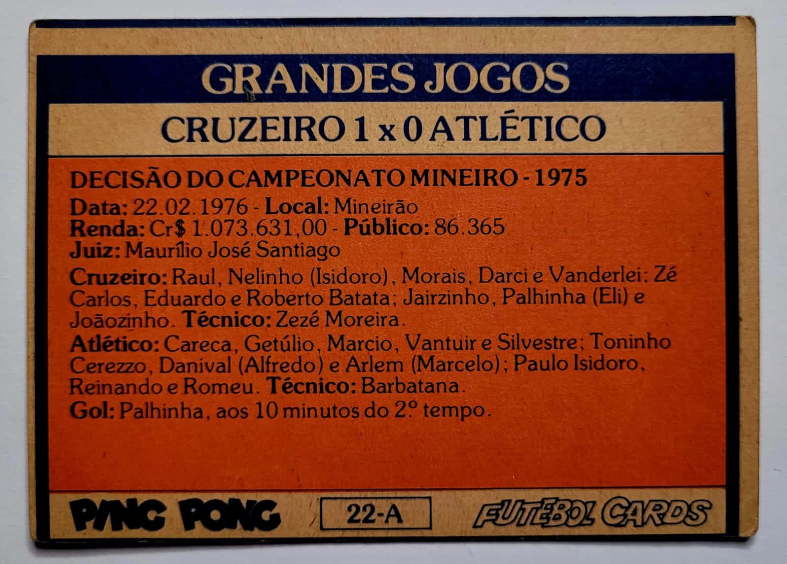 | Casa do Colecionador Ping Pong Futebol Cards - Grandes Jogos Nº 22-A (Cruzeiro 1 X 0 Atlético)