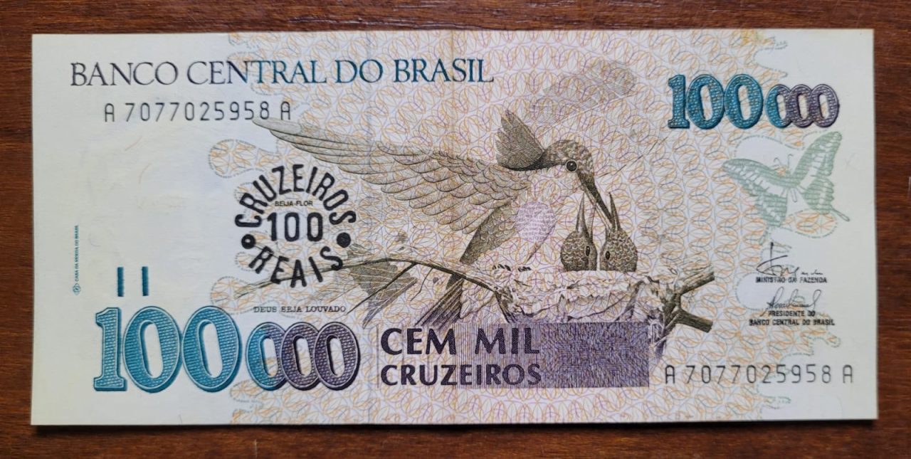 | Casa do Colecionador 100.000 (Cem Mil Cruzeiros) com Carimbo de 100 Cruzeiros Reais - Cédula C235 SOB (Ano 1993)