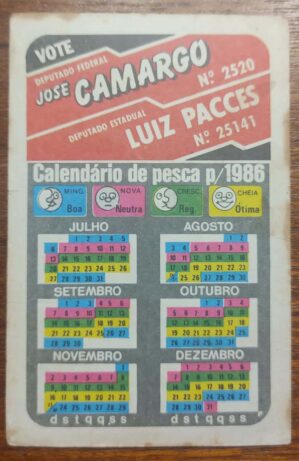 Calendário de Bolso (Tema Política) José Camargo e Luiz Pacces - Deputado Federal e Estadual - Ano 1986