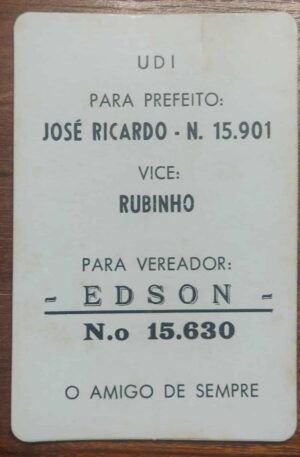 Calendário de Bolso (Tema Política) José Ricardo e Edson (UDI) Prefeito e Vereador - Ano 1989