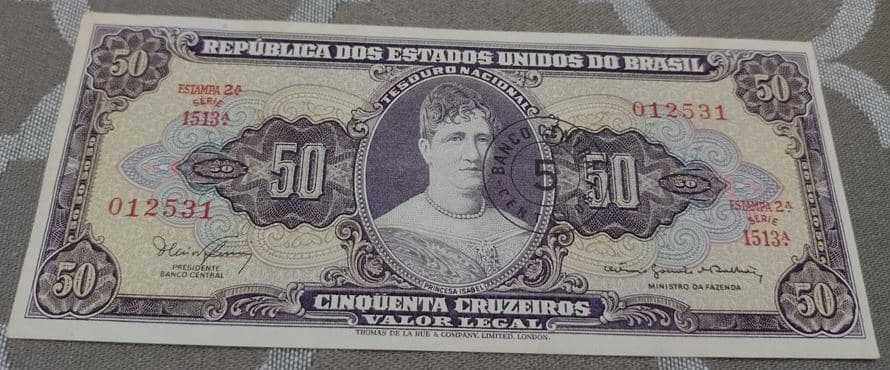 | Casa do Colecionador 50 Cruzeiros Com Carimbo de 5 centavos