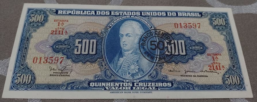 500 Cruzeiros Com Carimbo de 50 Centavos