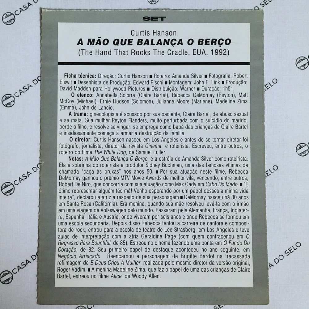 | Casa do Colecionador A Mão que Balança o Berço - Ficha Técnica - SET-218