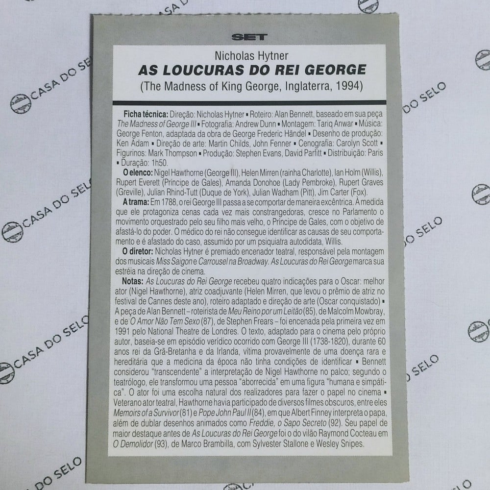 | Casa do Colecionador As Loucuras Do Rei George (1994) - Ficha Técnica - SET-316