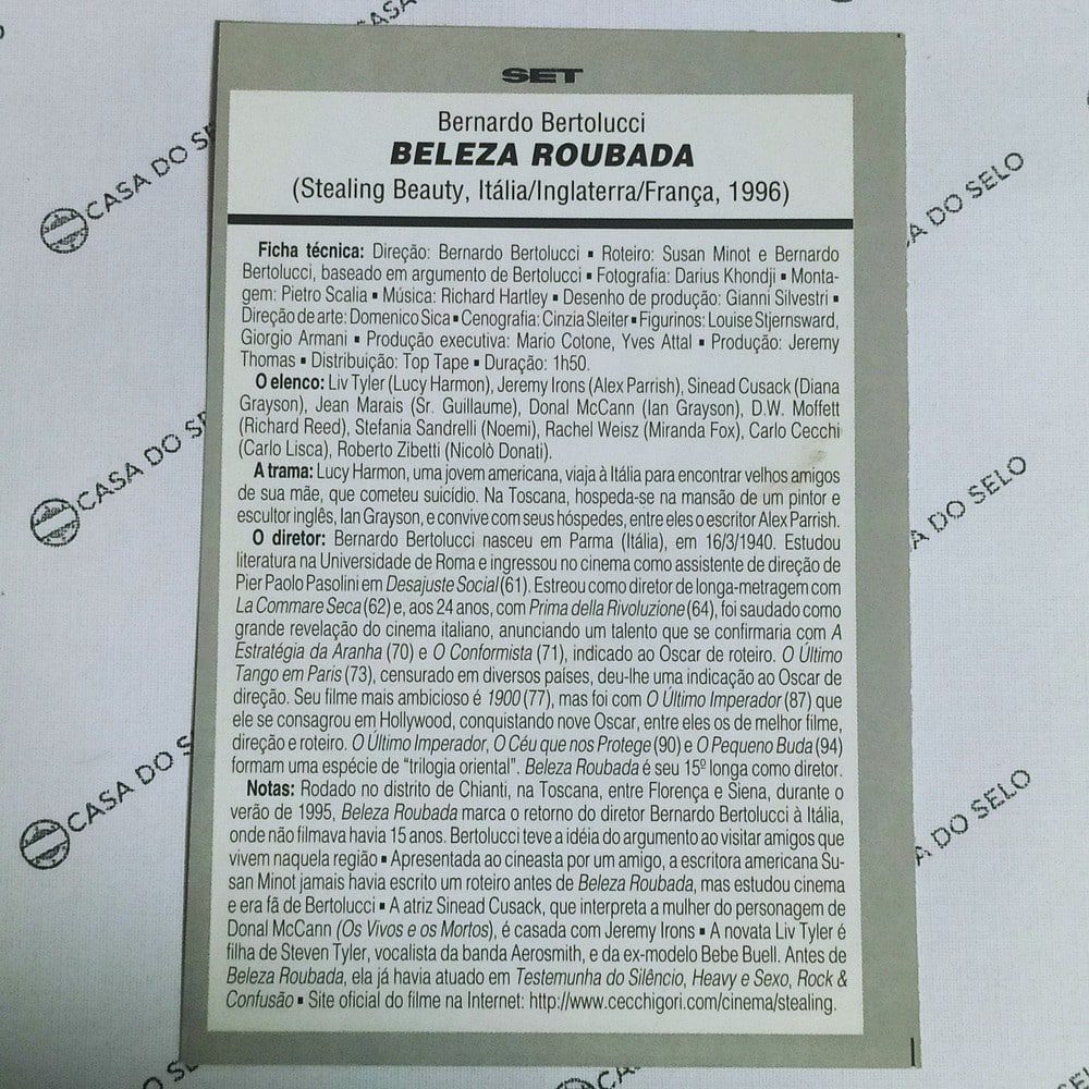 | Casa do Colecionador Beleza Roubada (1996) - Ficha Técnica - SET-390