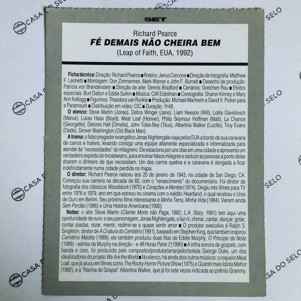| Casa do Colecionador Fé Demais Não Cheira Bem (1992) - Ficha Técnica - SET-257