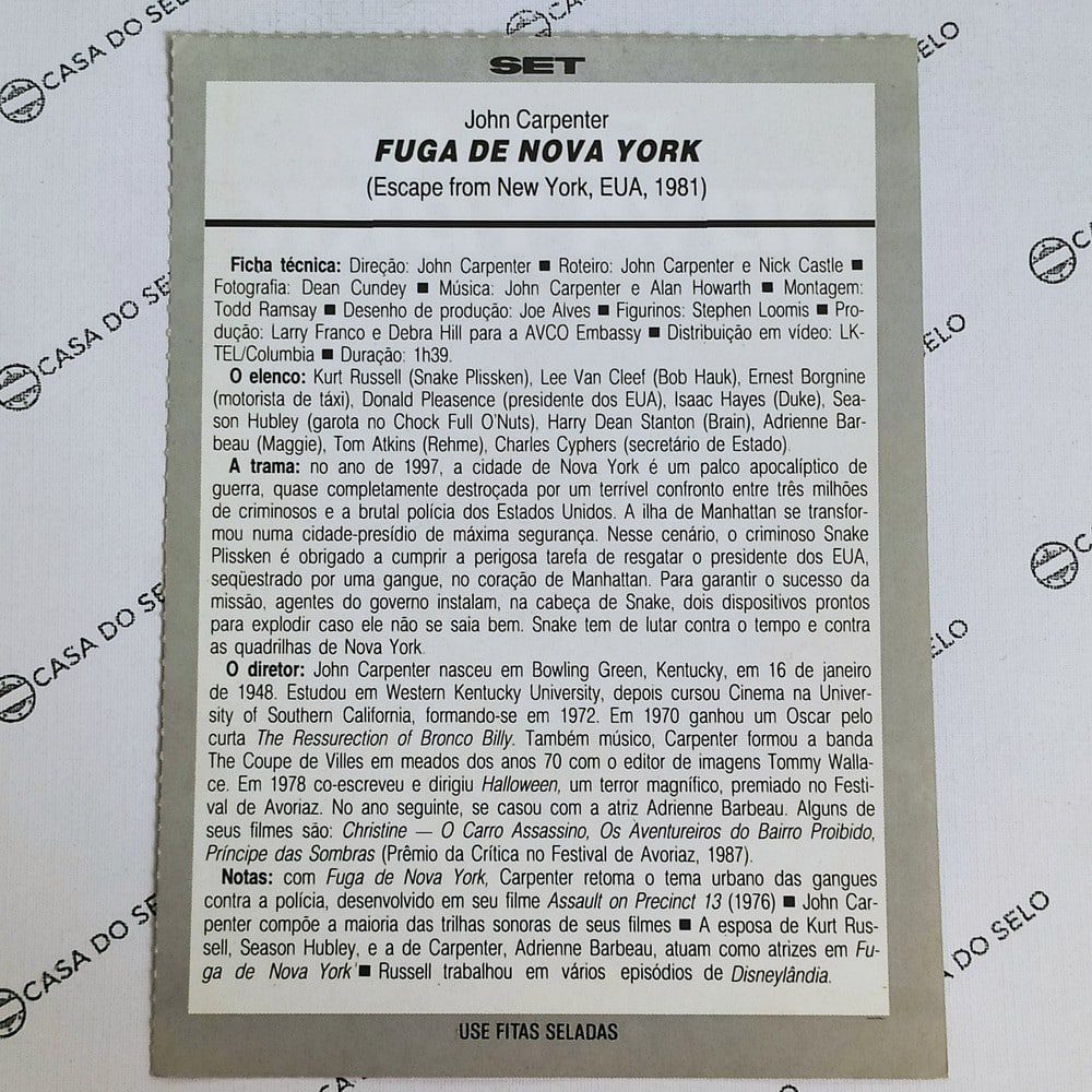 | Casa do Colecionador Fuga De Nova York (1981) - Ficha Técnica - SET-108