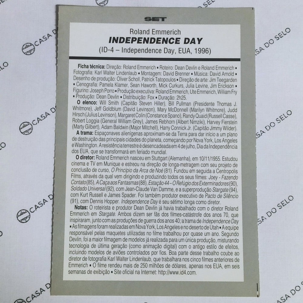 | Casa do Colecionador Independence Day (1996) - Ficha Técnica - SET-371