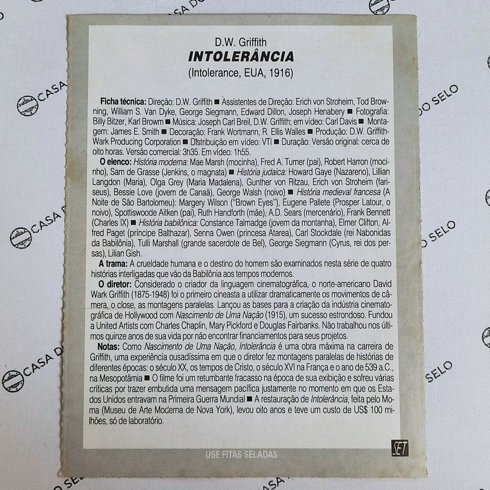 | Casa do Colecionador Intolerância (1916) - Ficha Técnica - SET-001