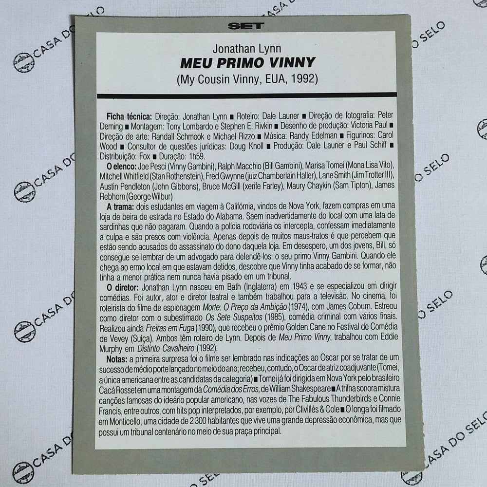 | Casa do Colecionador Meu Primo Vinny (1992) - Ficha Técnica - SET-241