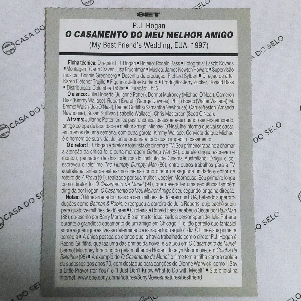 | Casa do Colecionador O Casamento Do Meu Melhor Amigo (1997) - Ficha Técnica - SET-409