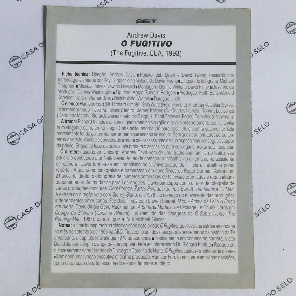 | Casa do Colecionador O Fugitivo (1993) - Ficha Técnica - SET-301