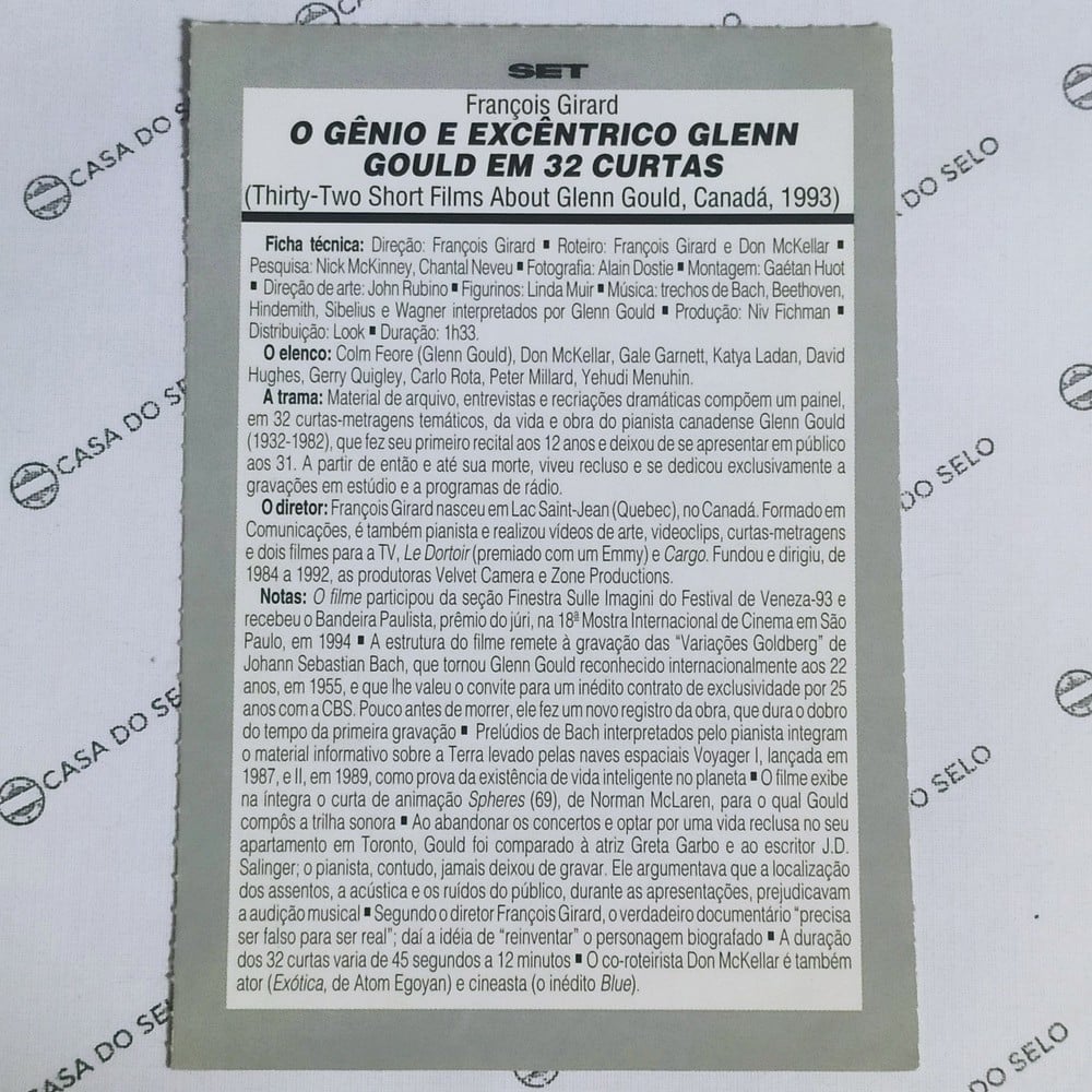 | Casa do Colecionador O Gênio E Excêntrico Glenn Gould Em 32 Curtas (1993) - Ficha Técnica - SET-296