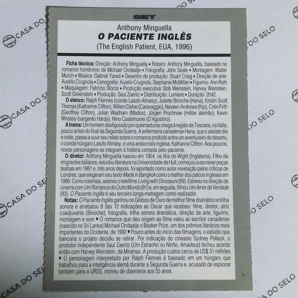| Casa do Colecionador O Paciente Inglês (1996) - Ficha Técnica - SET-396