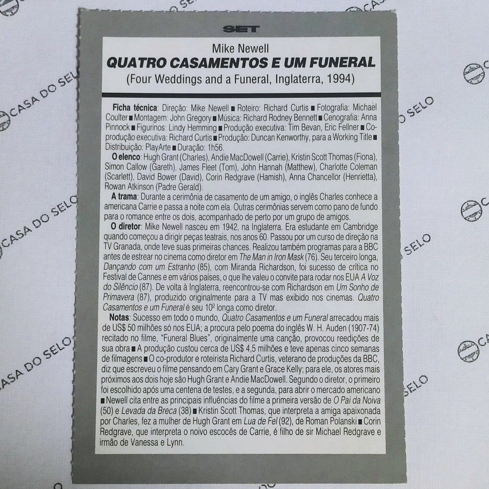 | Casa do Colecionador Quatro Casamentos E Um Funeral (1994) - Ficha Técnica - SET-323