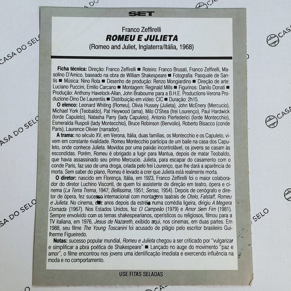 | Casa do Colecionador Romeu E Julieta (1968) - Ficha Técnica - SET-072