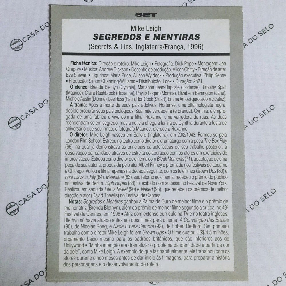 | Casa do Colecionador Segredos E Mentiras (1996) - Ficha Técnica - SET-379