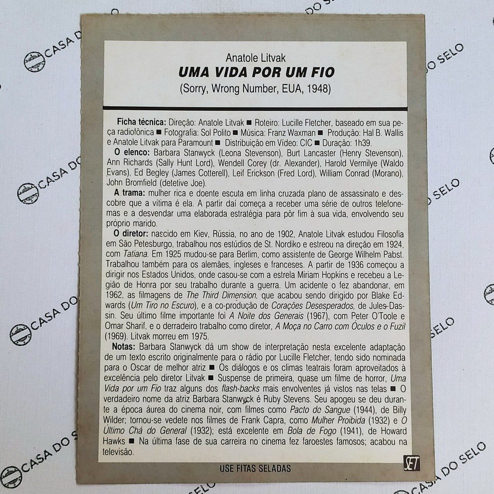 | Casa do Colecionador Uma Vida Por Um Fio (1948) - Ficha Técnica - SET-029