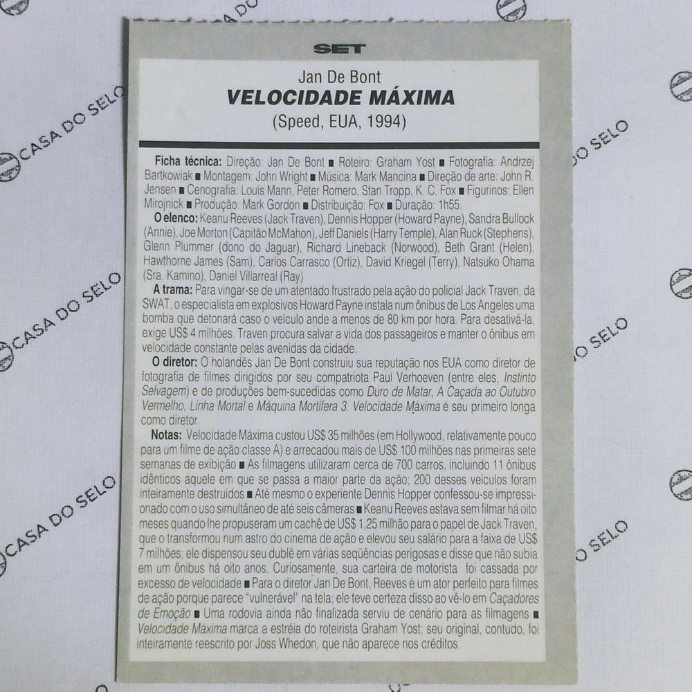 | Casa do Colecionador Velocidade Máxima (1994) - Ficha Técnica - SET-312