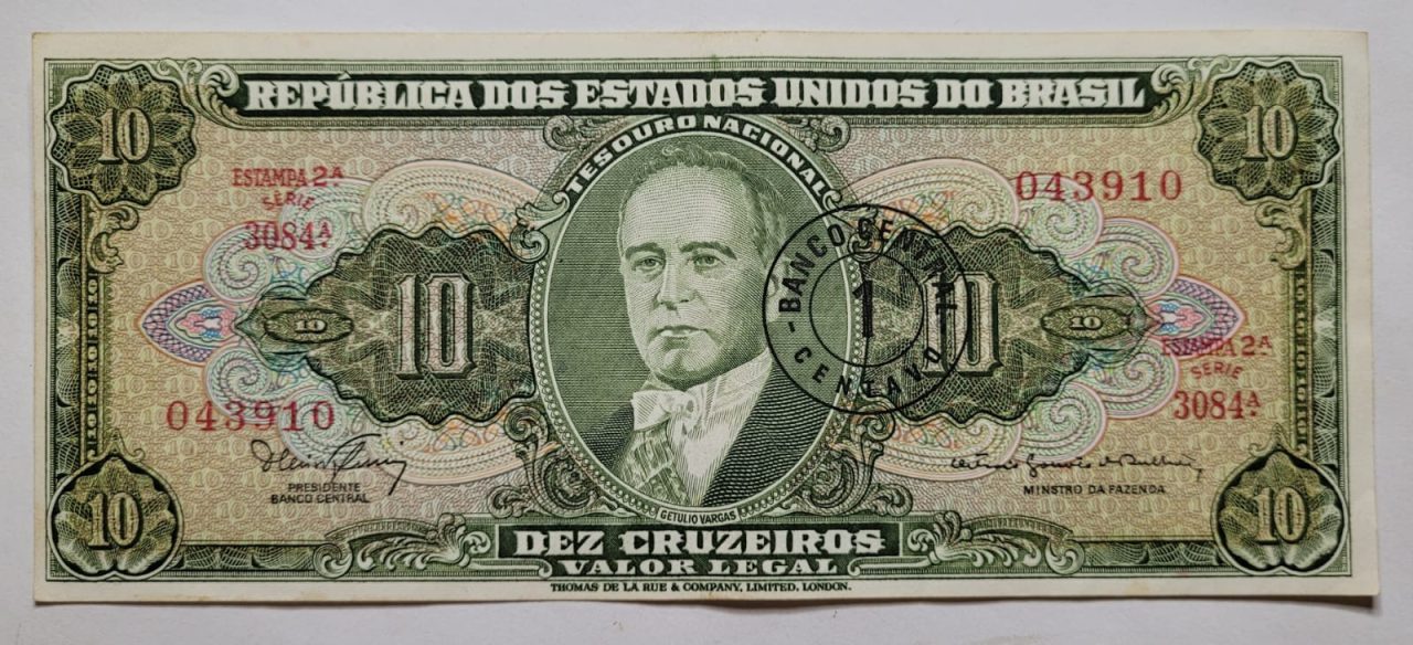 | Casa do Colecionador 10 (Dez Cruzeiros) com Carimbo de 1 Centavo - Cédula C113 - MBC+ (Ano 1966)