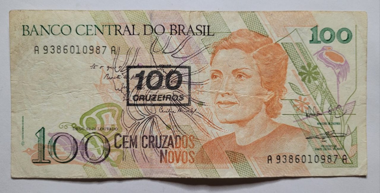 | Casa do Colecionador 100 (Cem Cruzados Novos) com Carimbo de 100 Cruzeiros - Cédula C211 - MBC (Ano 1990)