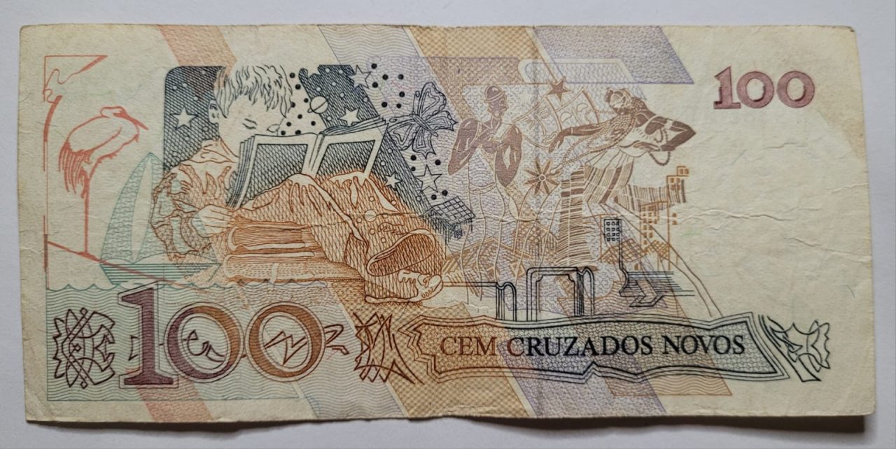 | Casa do Colecionador 100 (Cem Cruzados Novos) com Carimbo de 100 Cruzeiros - Cédula C211 - MBC (Ano 1990)