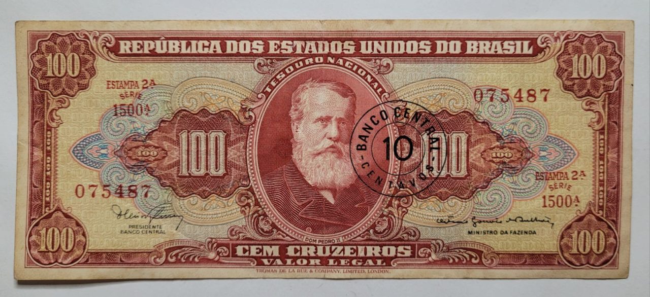 | Casa do Colecionador 100 (Cem Cruzeiros) com Carimbo de 10 Centavos - Cédula C118 - MBC (Ano 1967)