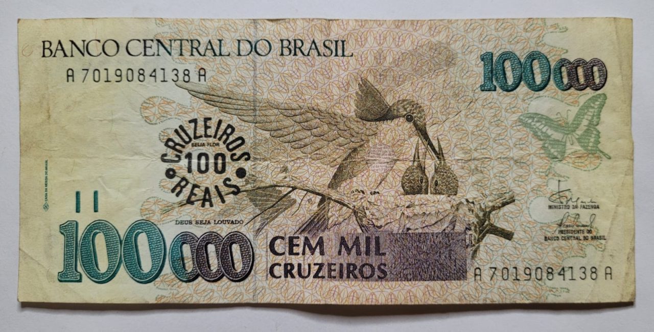 | Casa do Colecionador 100.000 (Cem Mil Cruzeiros) com Carimbo de 100 Cruzeiros Reais - Cédula C235 MBC (Ano 1993)